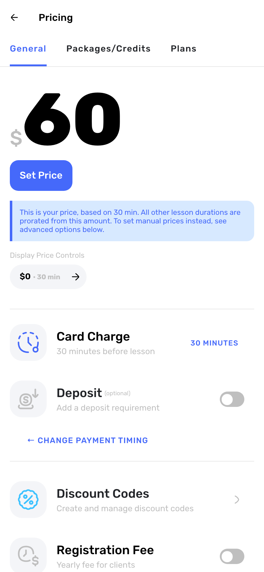Swum Pricing hub showing a $60 base price for a 30-minute lesson with the Set Price button