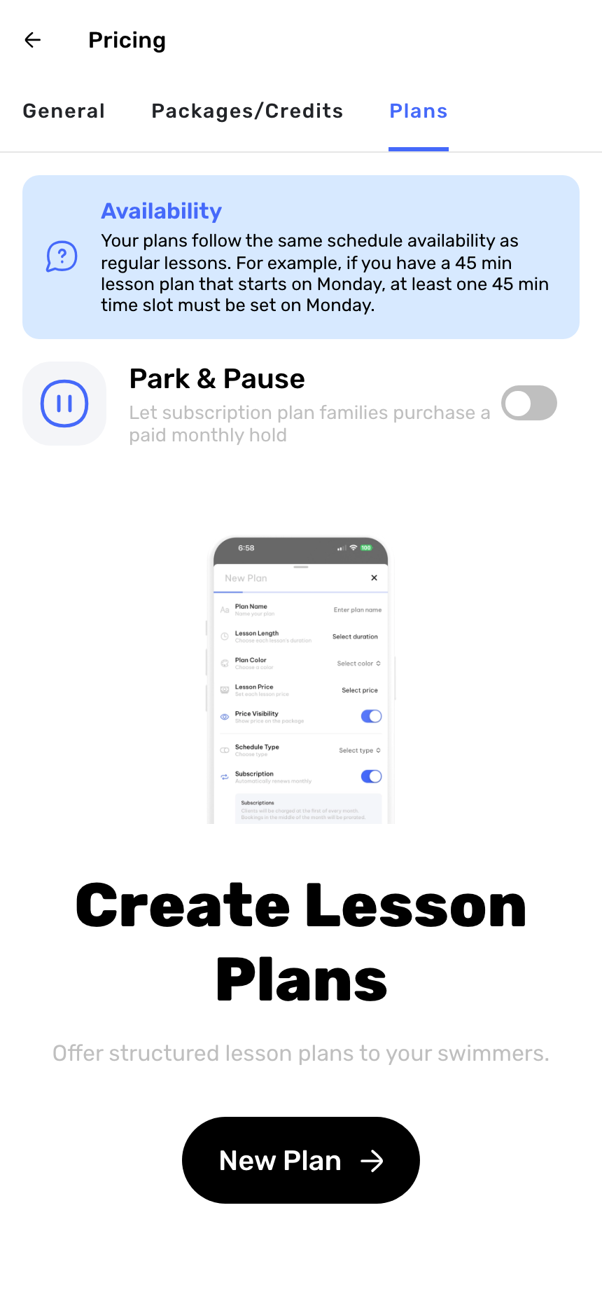 Swum Plans tab with Park and Pause option and New Plan creation
