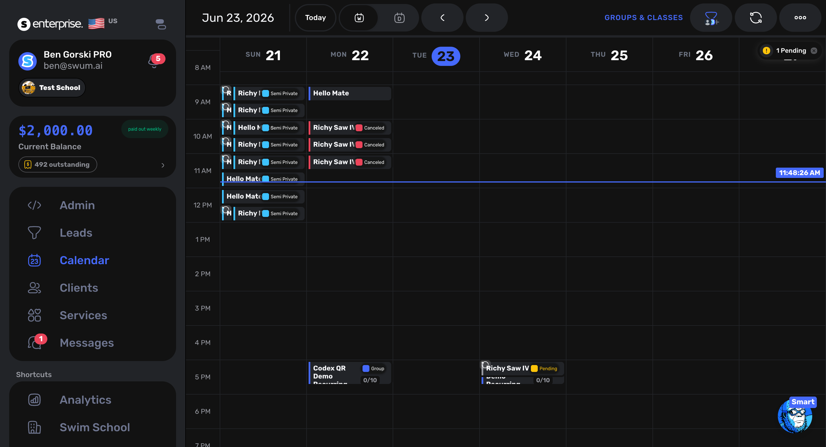 Swum weekly swim school calendar with private, semi-private, and group lessons