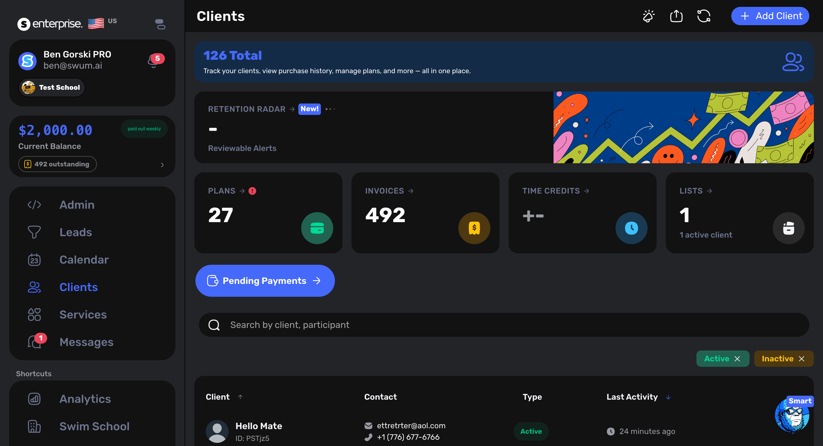 Swum client dashboard with Retention Radar, plans, invoices, and time credits