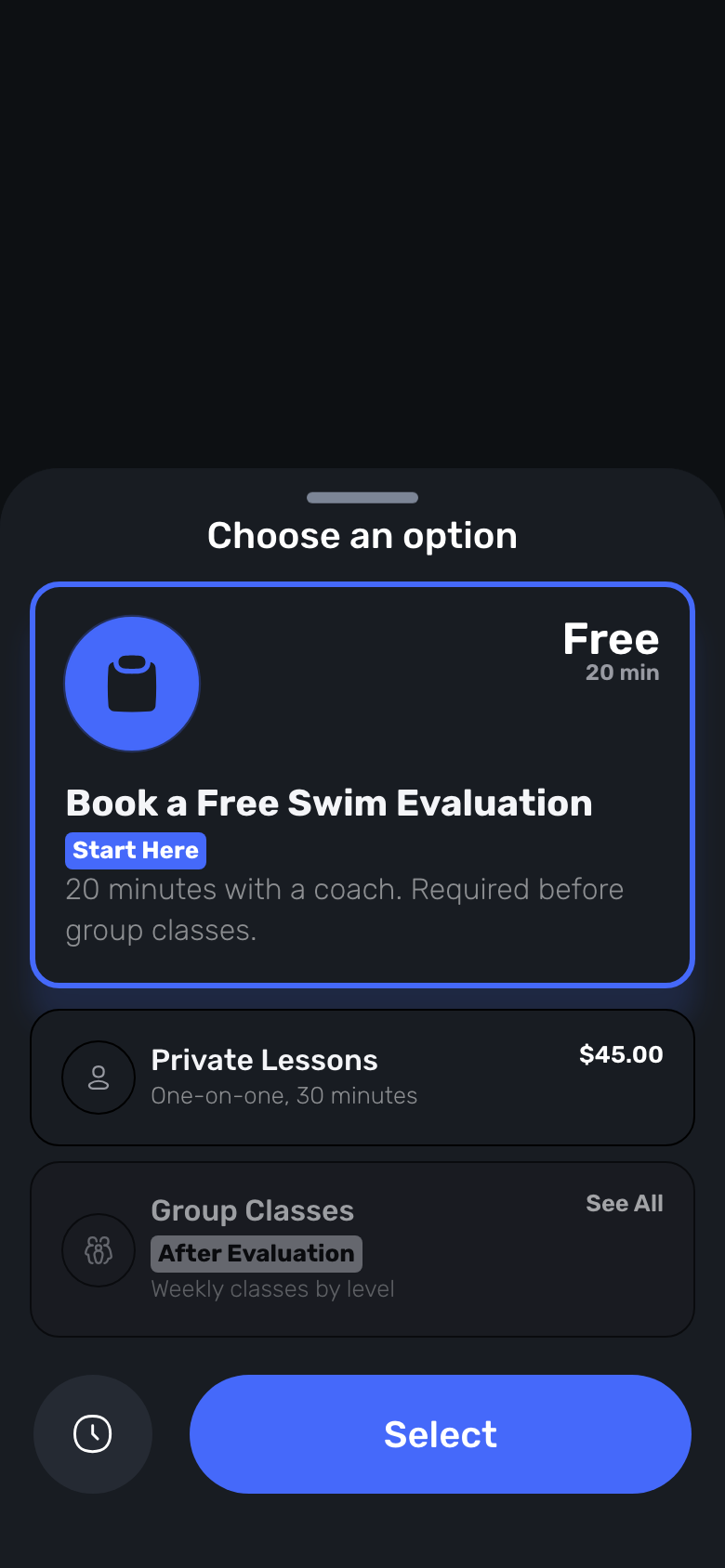 Swum Choose an option screen with Book a Free Swim Evaluation at the top, marked Required before group classes