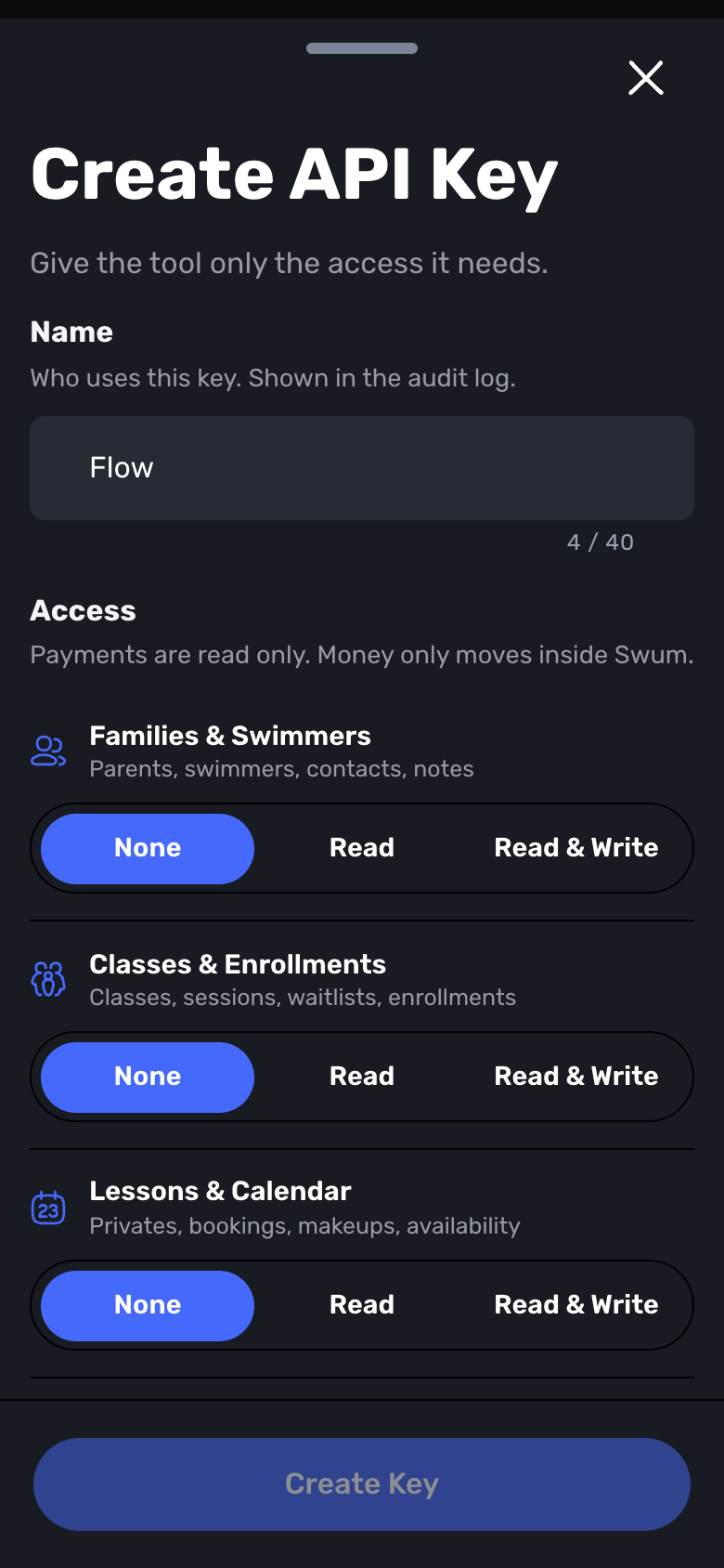 Swum Create API Key sheet with None, Read, and Read and Write access for each area