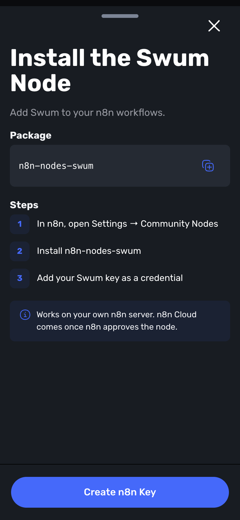 Swum Install the Swum Node sheet with three steps and a Create n8n Key button