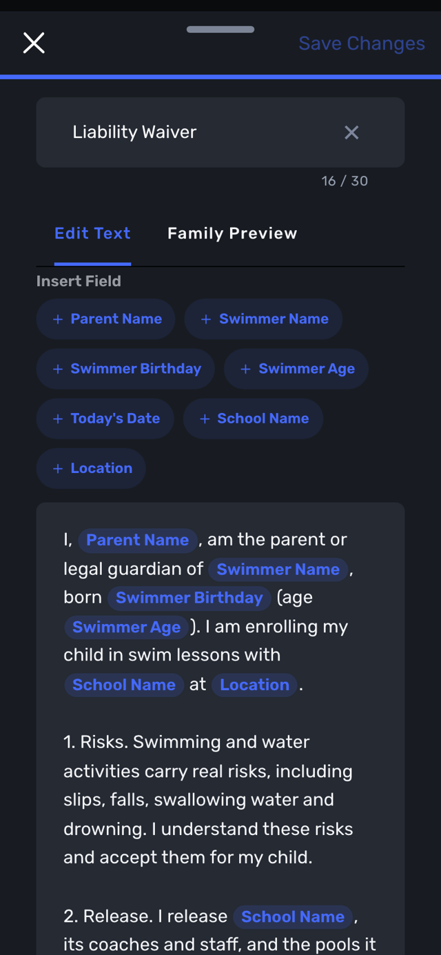 Swum waiver editor with Insert Field chips like Parent Name, Swimmer Name and School Name