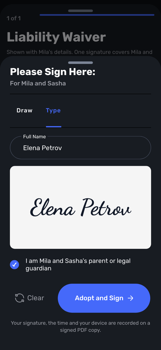 Swum signature sheet with Draw and Type tabs and an Adopt and Sign button