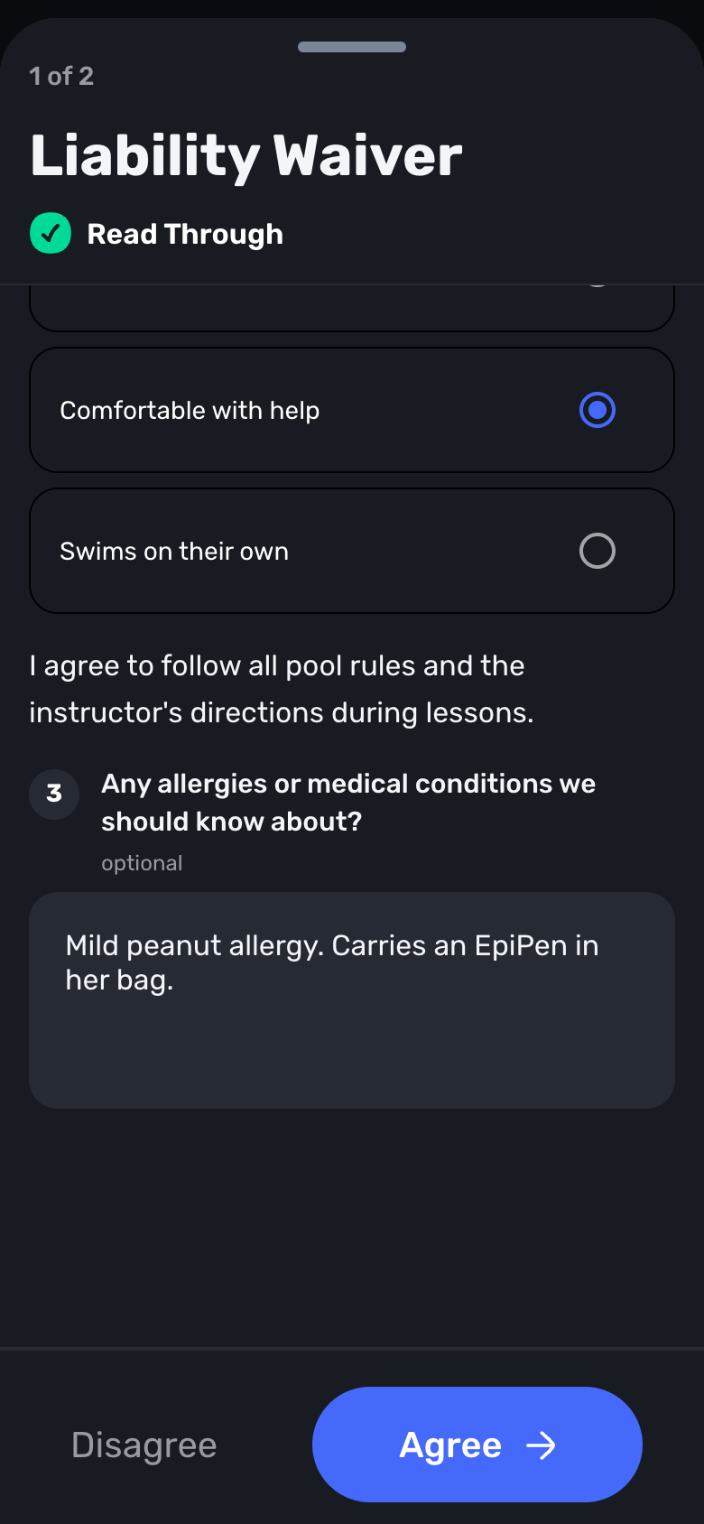 Swum waiver with a multiple choice question and a short answer about allergies, answered before Agree