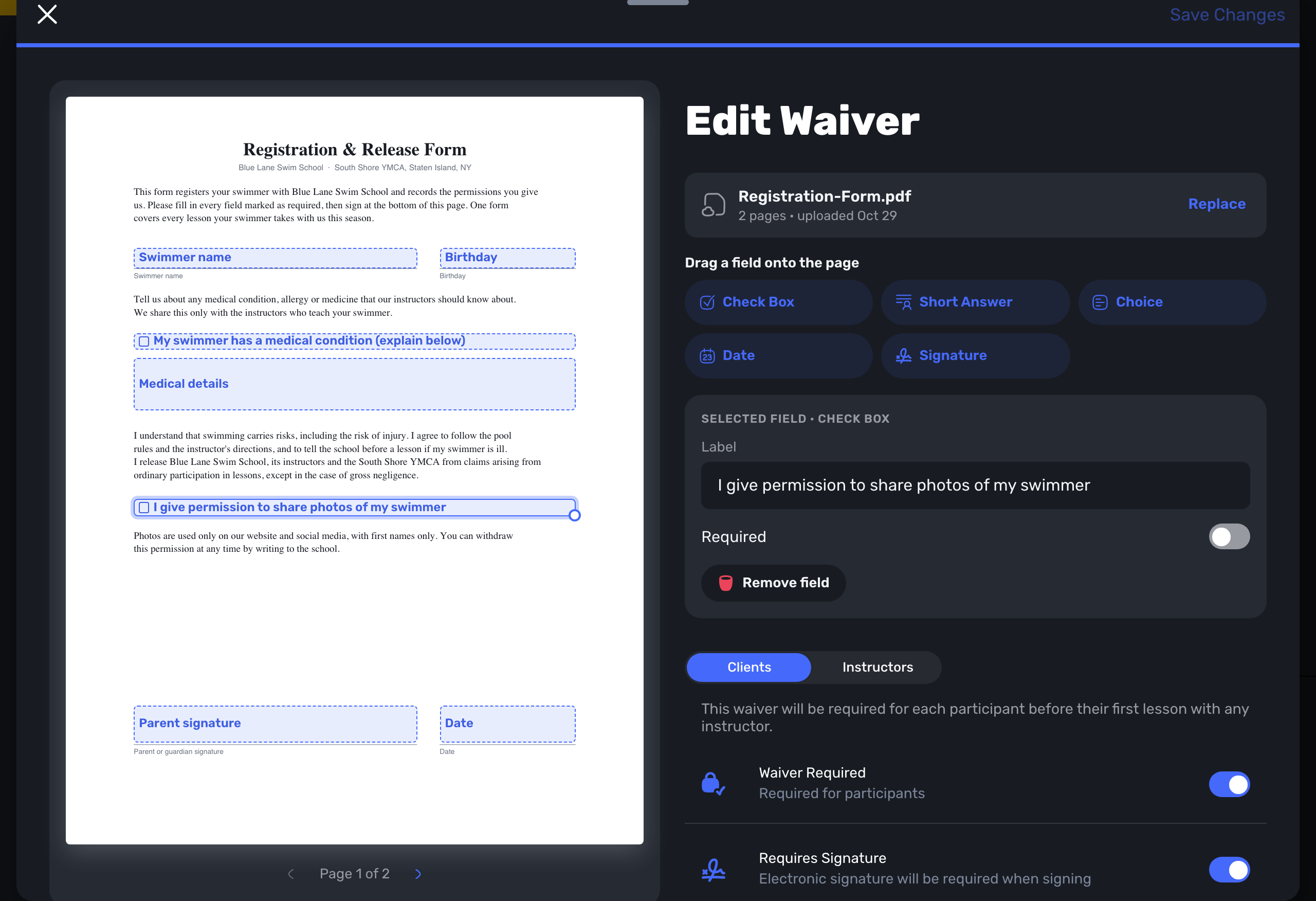 Swum PDF form editor with Swimmer name, medical check box and Parent signature fields placed on the page