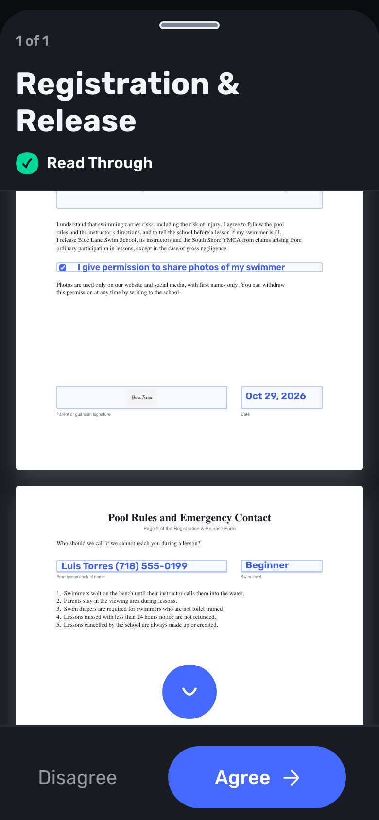 Swum family view of a signed PDF form with filled fields and the date