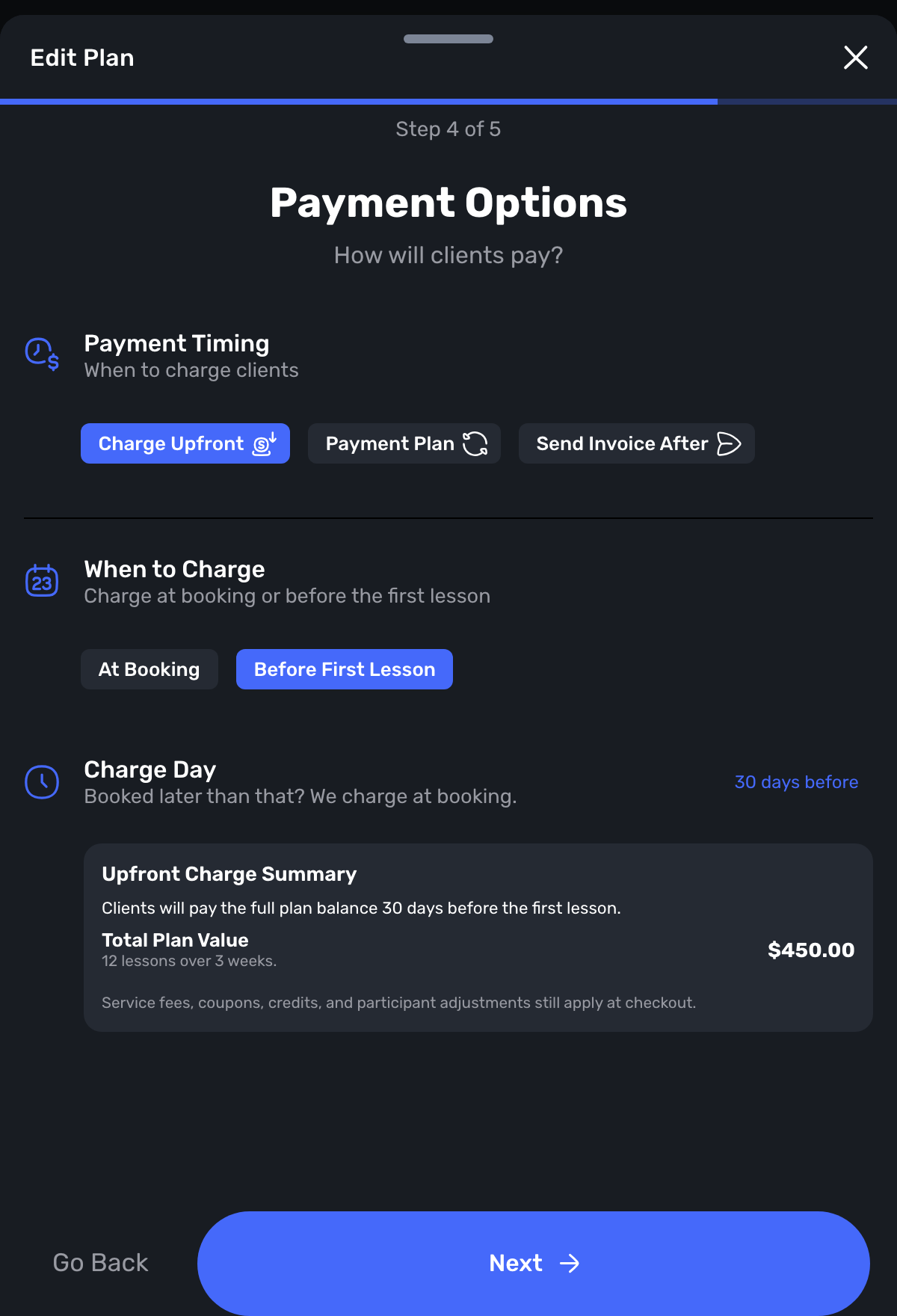 Swum Edit Plan Payment Options with Charge Upfront, When to Charge set to Before First Lesson, and Charge Day 30 days before