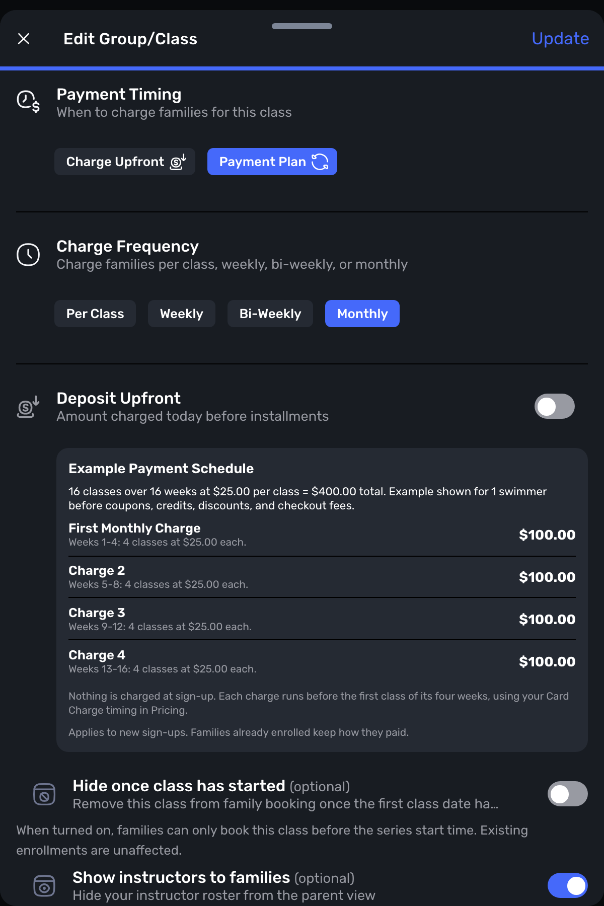 Swum Edit Group/Class with Payment Plan and Charge Frequency set to Monthly, and an example payment schedule