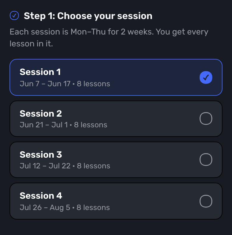 Swum family booking Step 1: Choose your session, with four two-week sessions of 8 lessons each