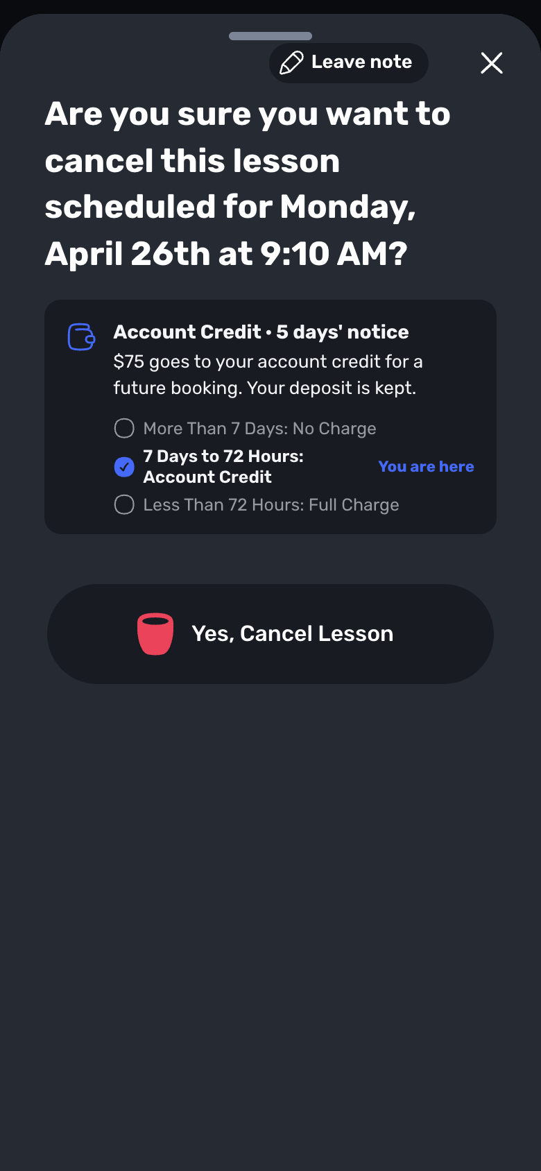 Swum family cancel screen showing account credit for 7 days to 72 hours notice, with You are here marked