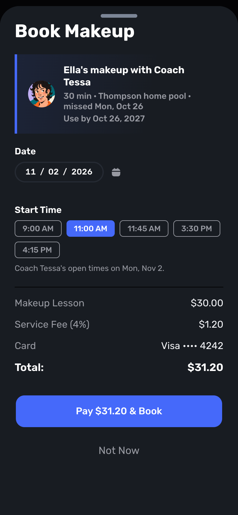 Swum Book Makeup screen with the makeup lesson price, a 4% service fee, and Pay and Book