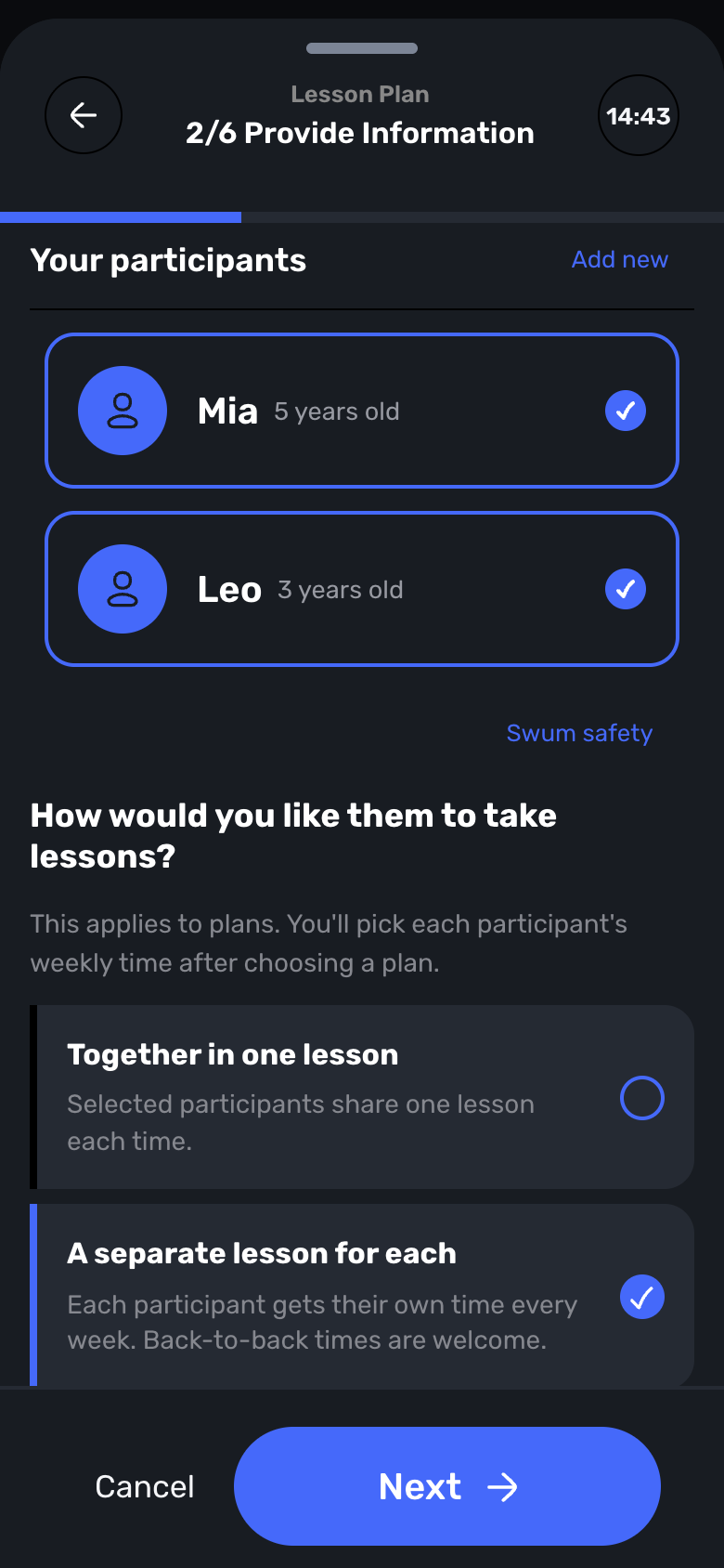 Swum booking step asking How would you like them to take lessons, with Together in one lesson and A separate lesson for each