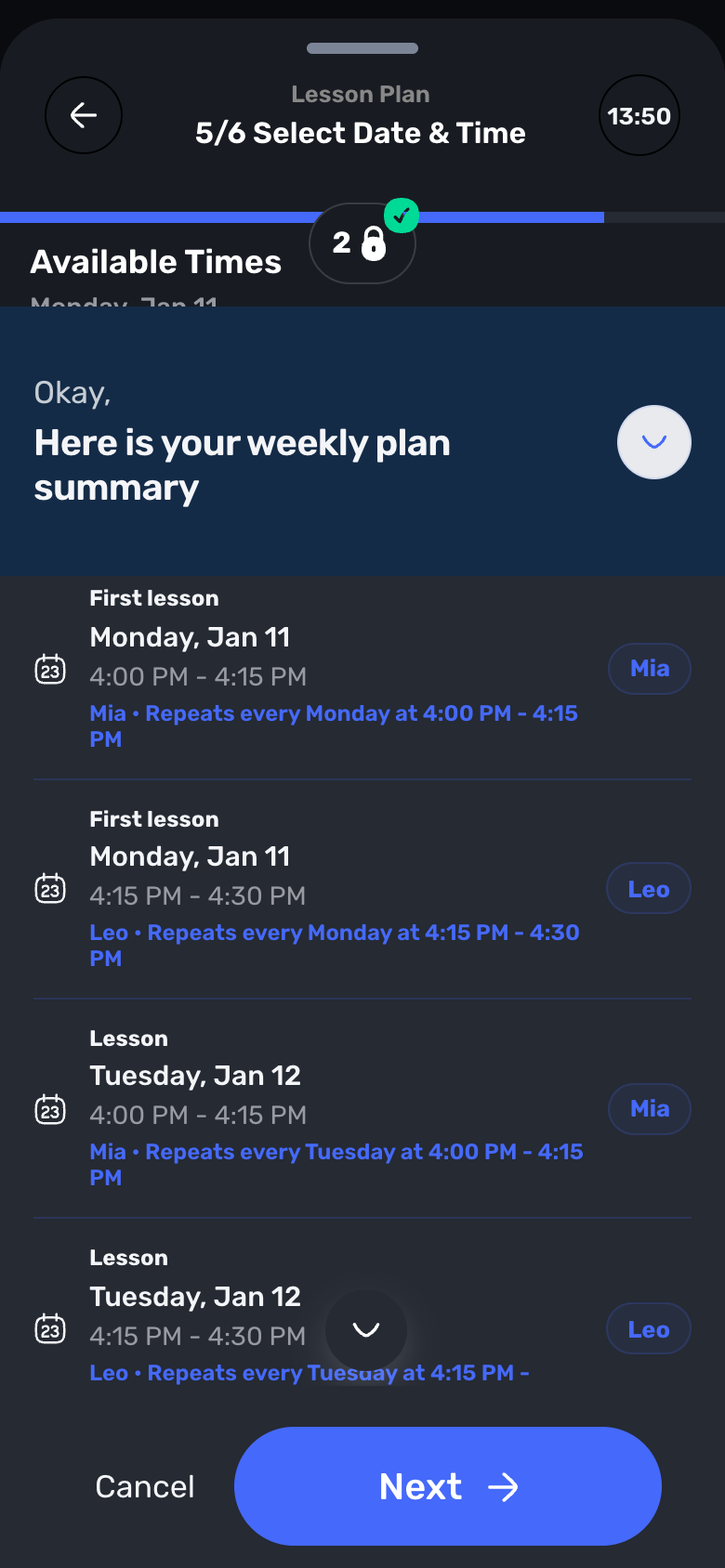 Swum weekly plan summary with Mia at 4:00 PM and Leo at 4:15 PM every Monday and Tuesday