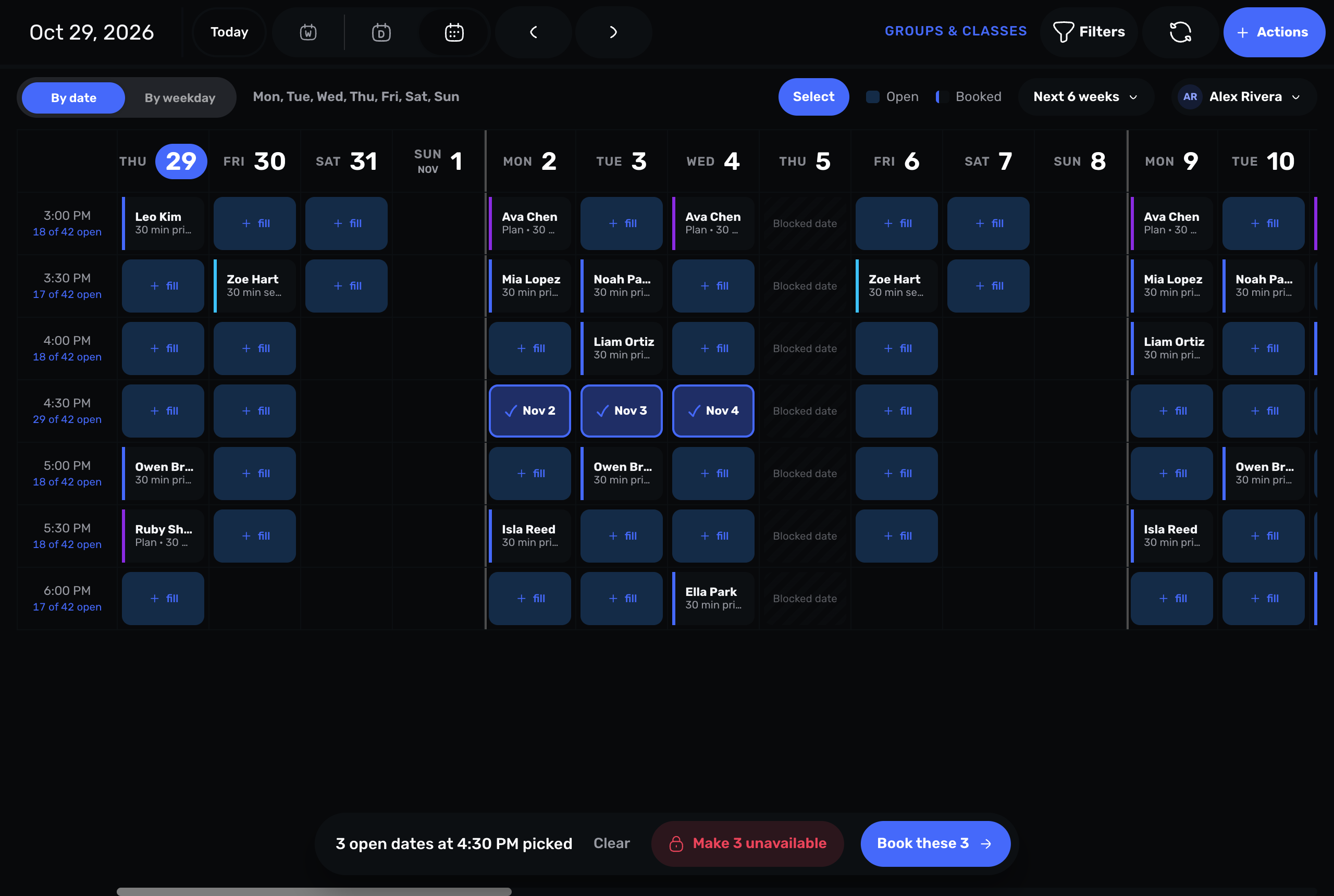 Swum multi-week calendar with three open dates picked and Make 3 unavailable and Book these 3 buttons