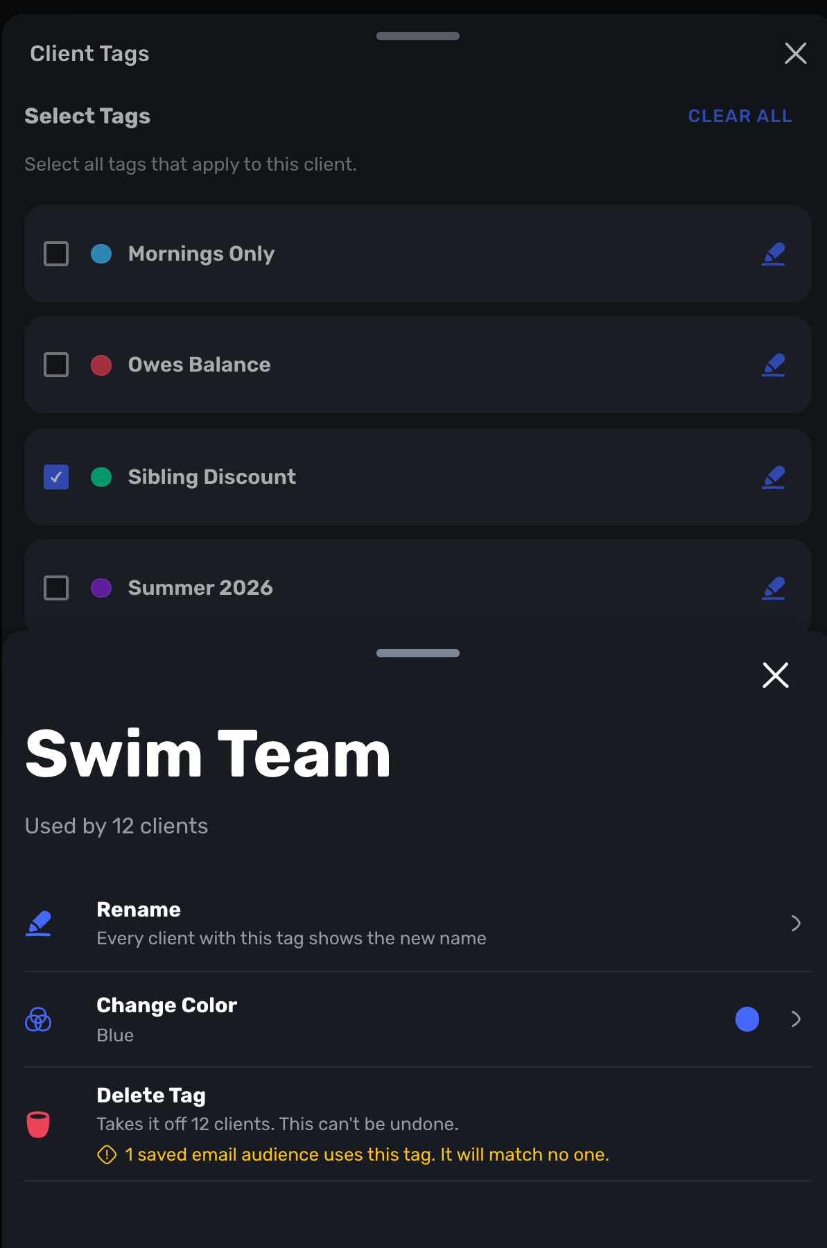 Swum Client Tags list with a pencil on each tag and a Swim Team tag sheet with Rename, Change Color and Delete Tag