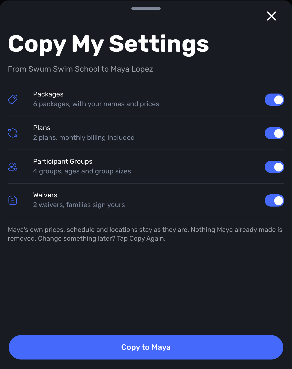 Swum Copy My Settings sheet with Packages, Plans, Participant Groups and Waivers switched on