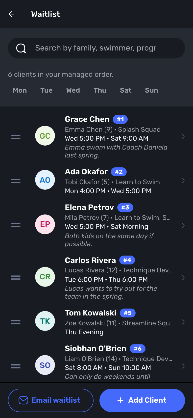 Swum Waitlist page with search, day filters, families in order, Email waitlist and Add Client