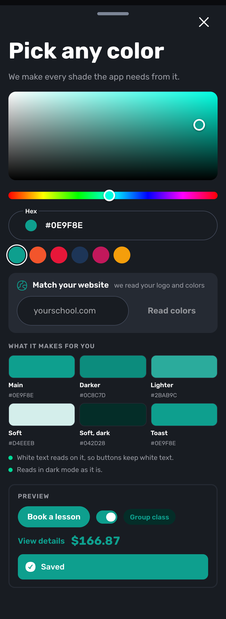 Swum Pick any color sheet with a color picker, Match your website, and the shades Swum makes from one color