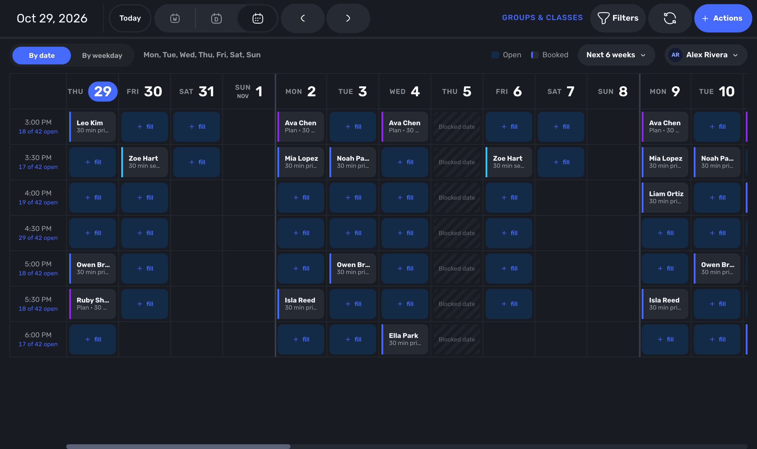 Swum multi-week calendar By date view showing six weeks of days with booked lessons, open slots and blocked dates