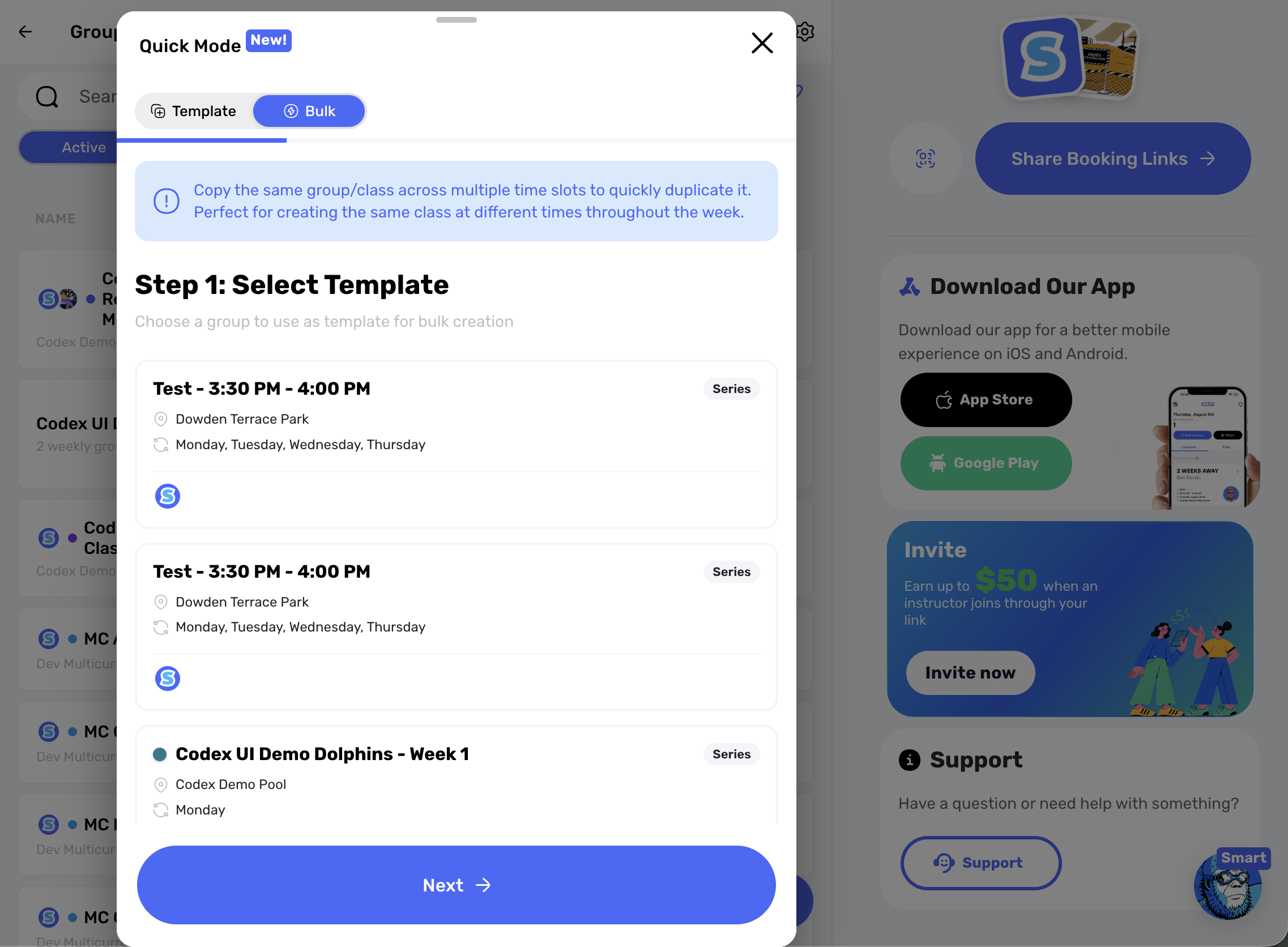 Swum bulk scheduling and class creation screenshot