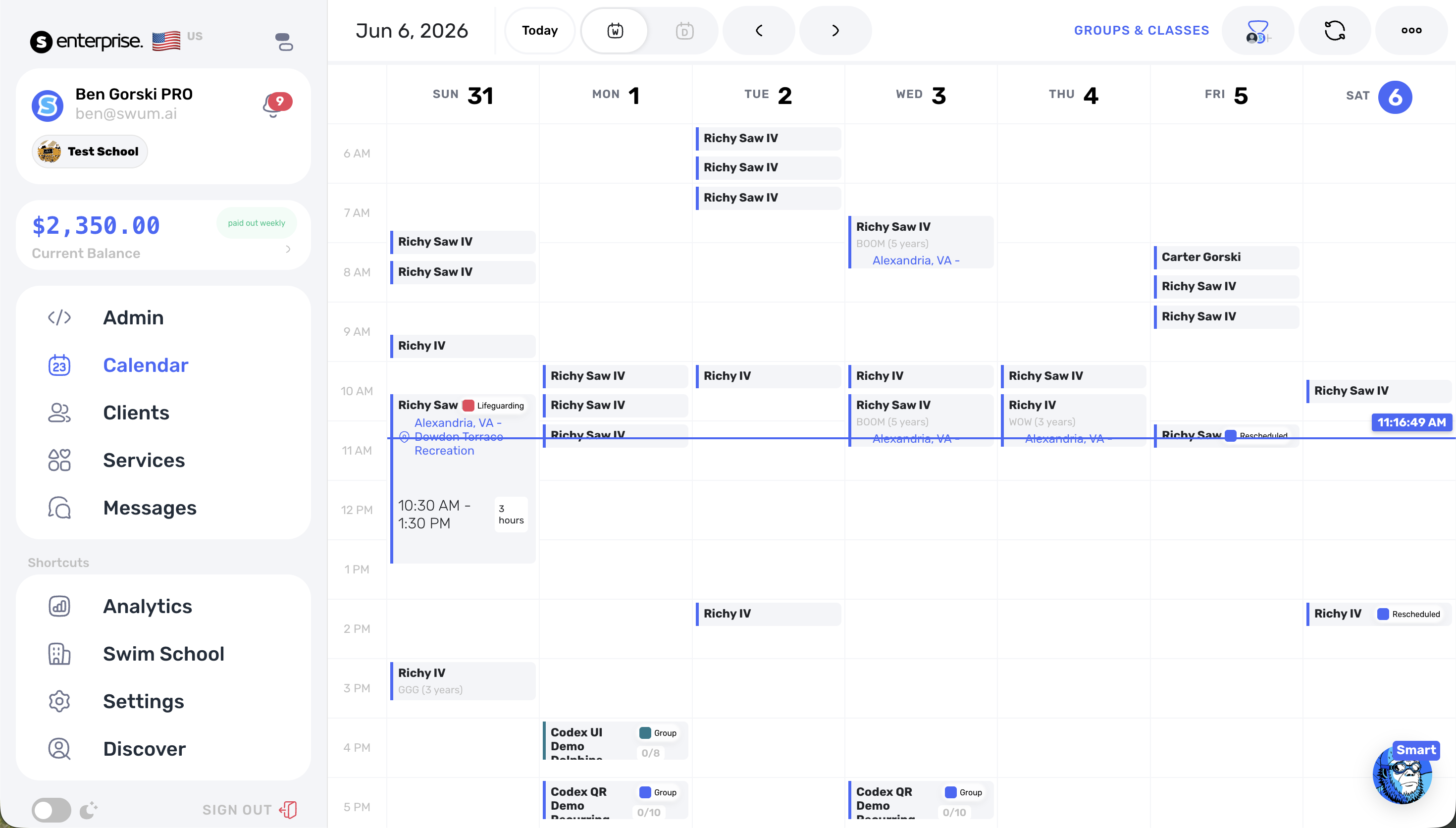 Swum Enterprise calendar and class scheduling screenshot